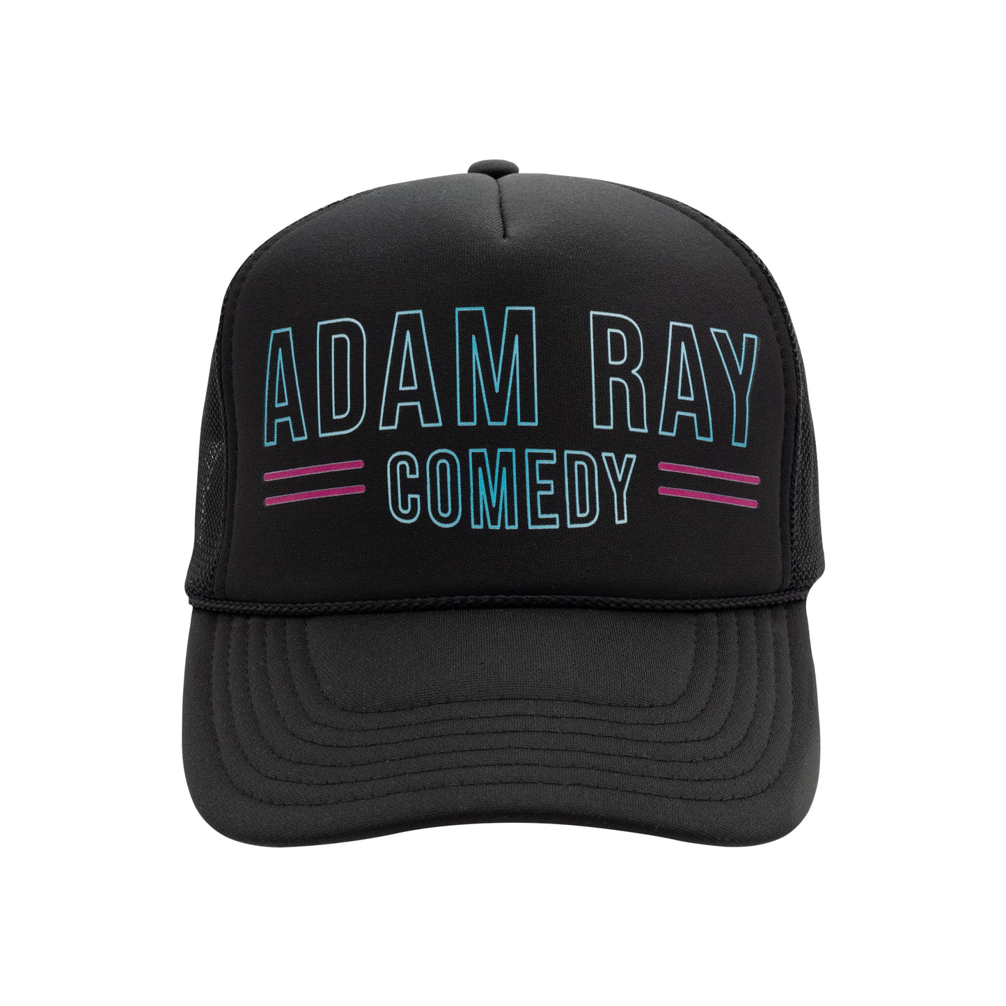 Black cap with 'Adam Ray Comedy' text on a white background