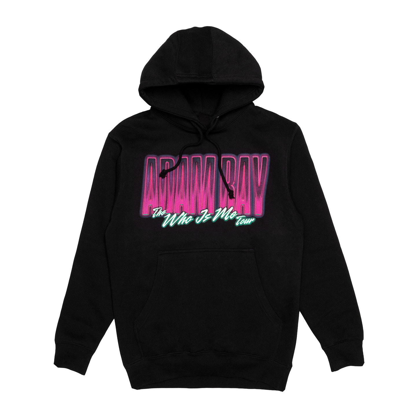 Black hoodie with pink and white text on a white background