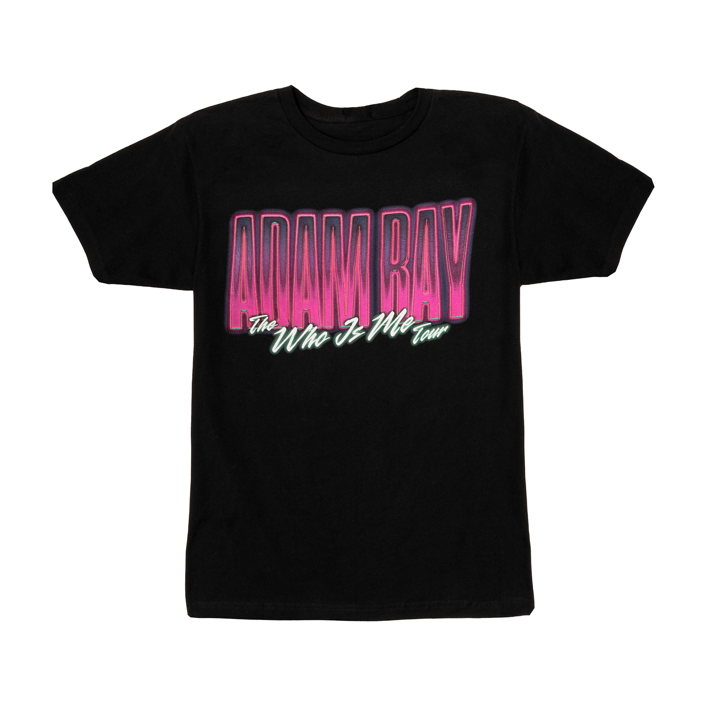 Black t-shirt with pink and white text on a white background who is me tour