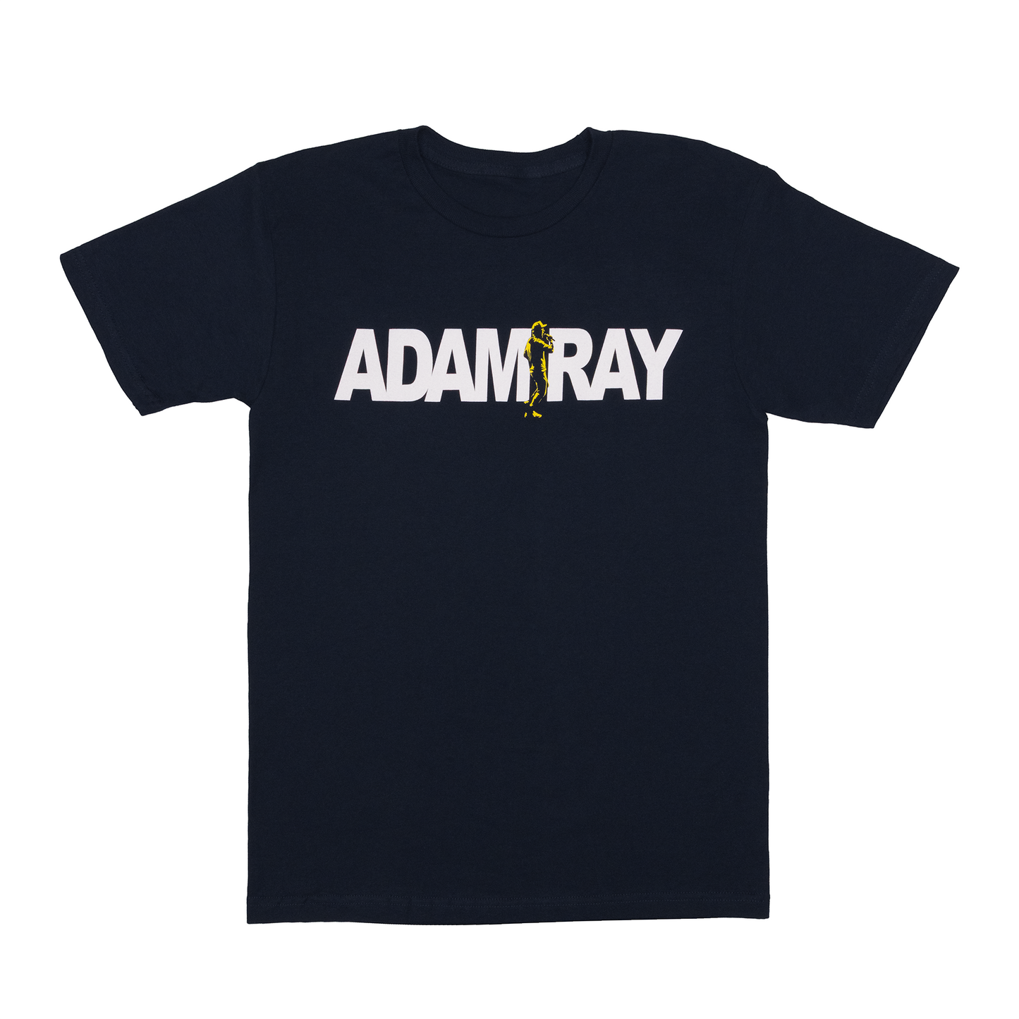 dark blue t-shirt with 'ADAM RAY' printed on a white background