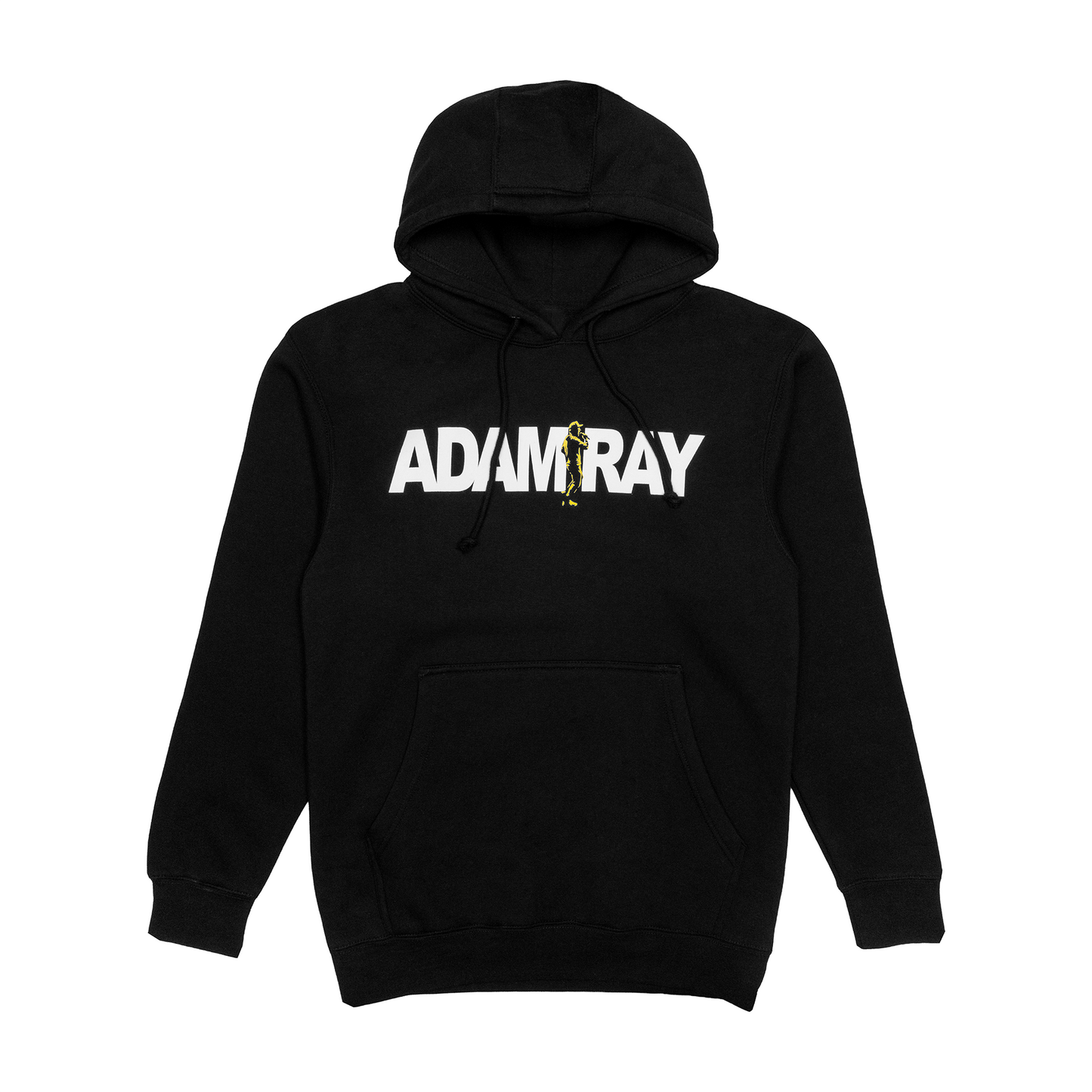 Black hoodie with 'ADAM RAY' printed on it against a white background