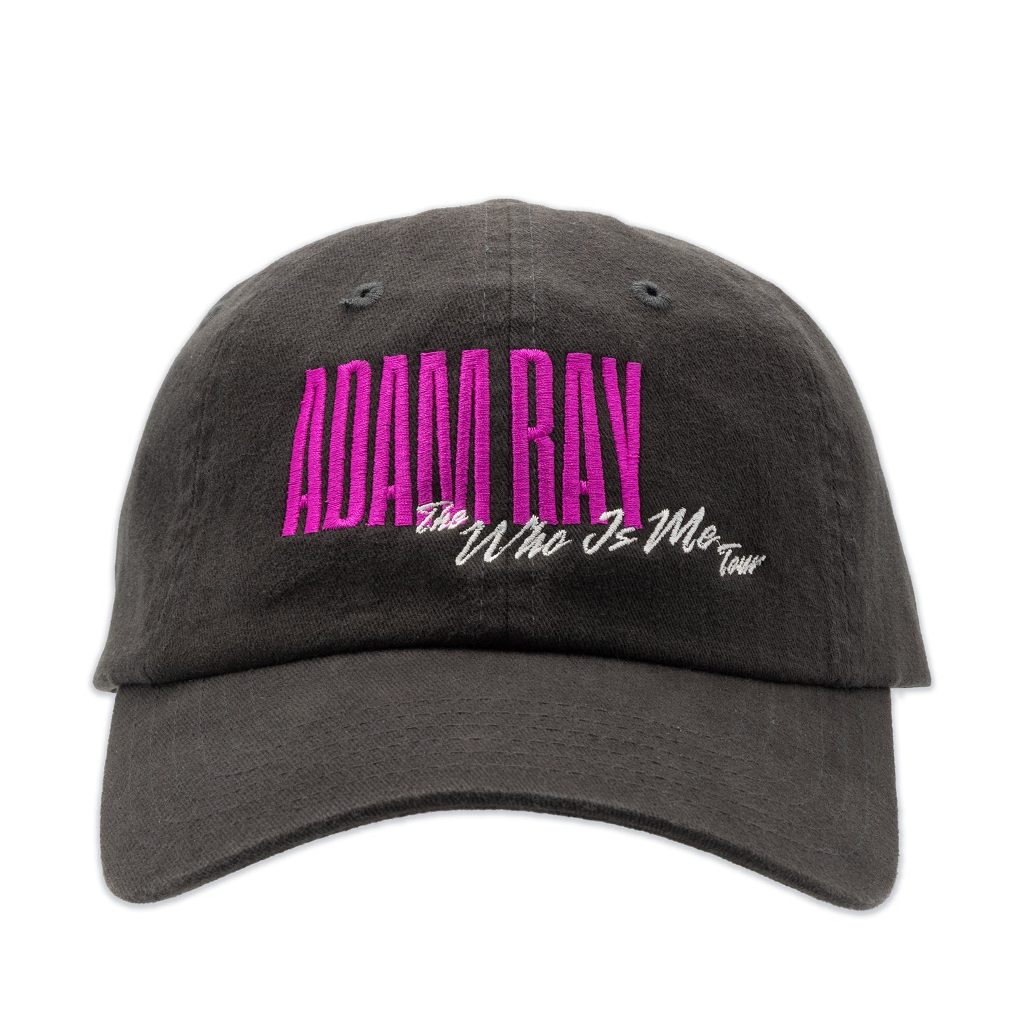Black cap with pink and white text on a white background