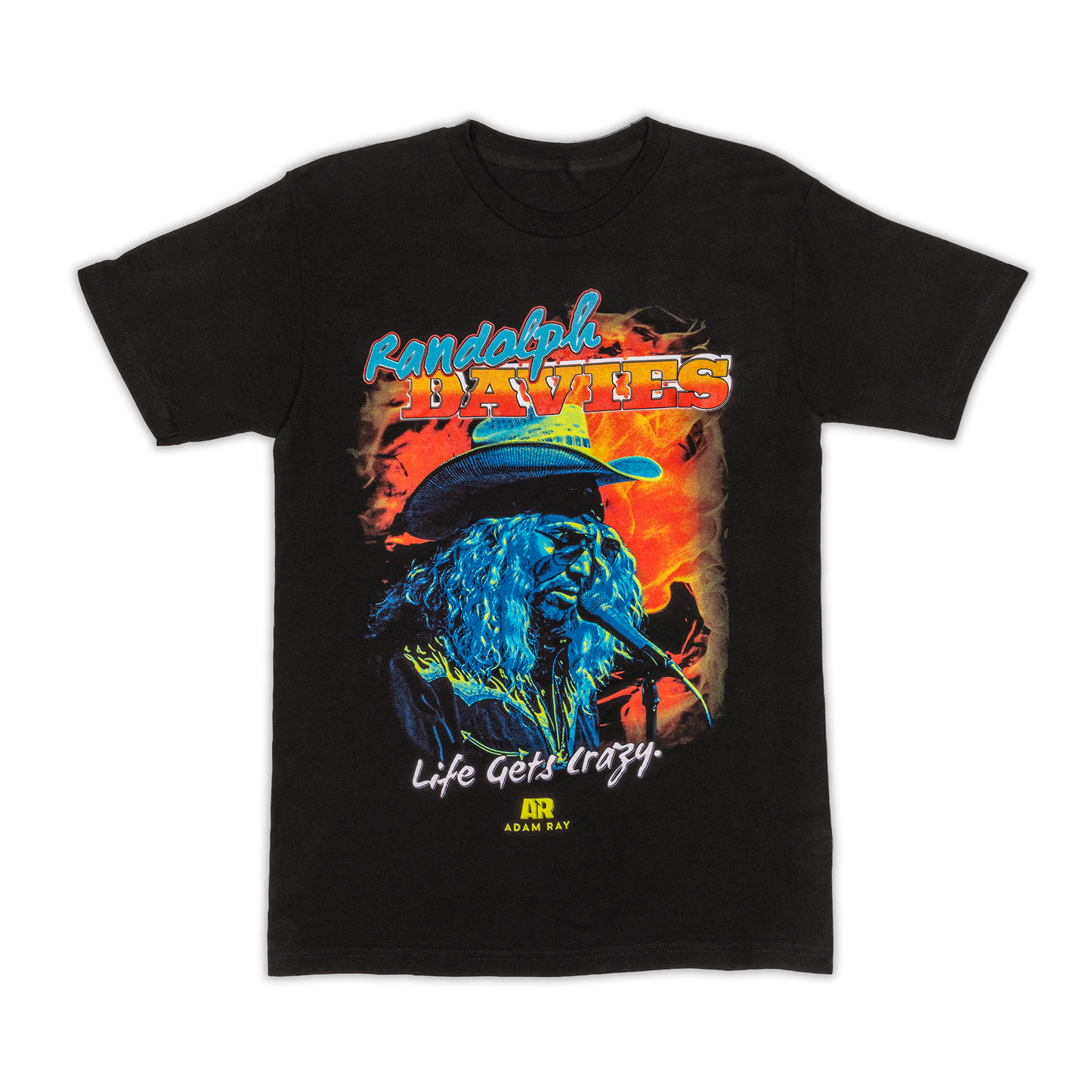 black t-shirt with colorful graphic design featuring a blue figure and text on a white background text says randolph davies life gets crazy