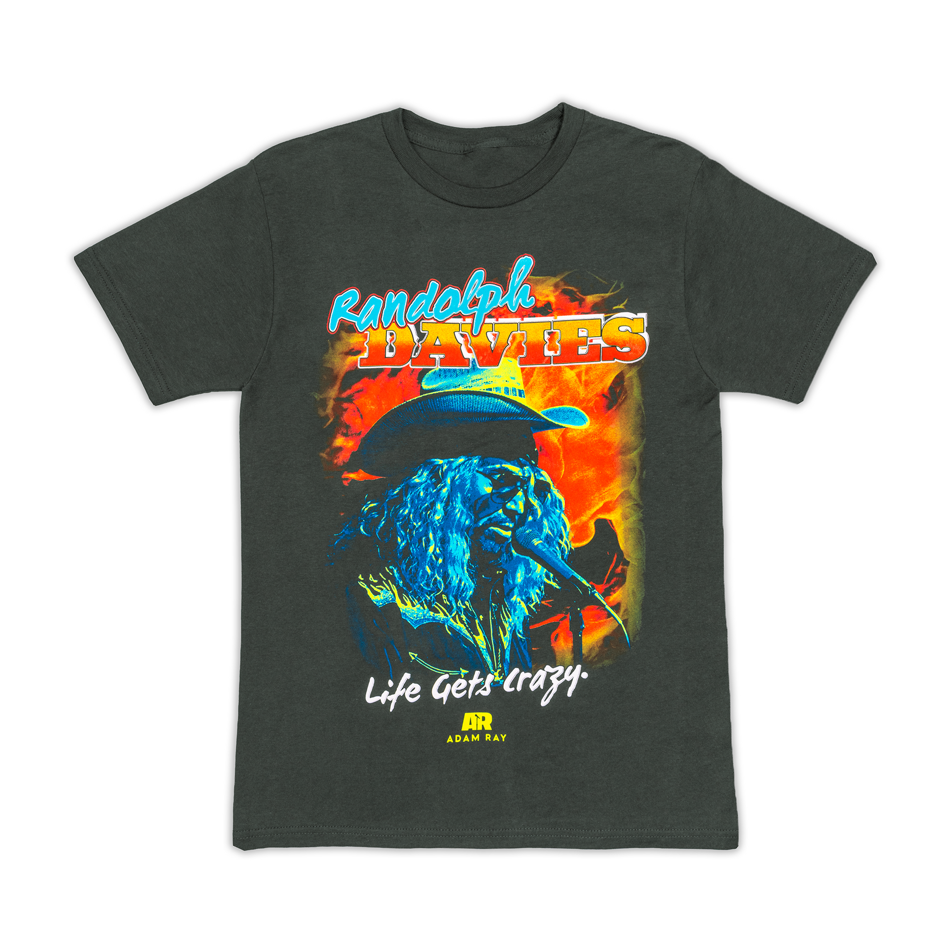 charcoal t-shirt with colorful graphic design featuring a blue figure and text on a white background text says randolph davies life gets crazy