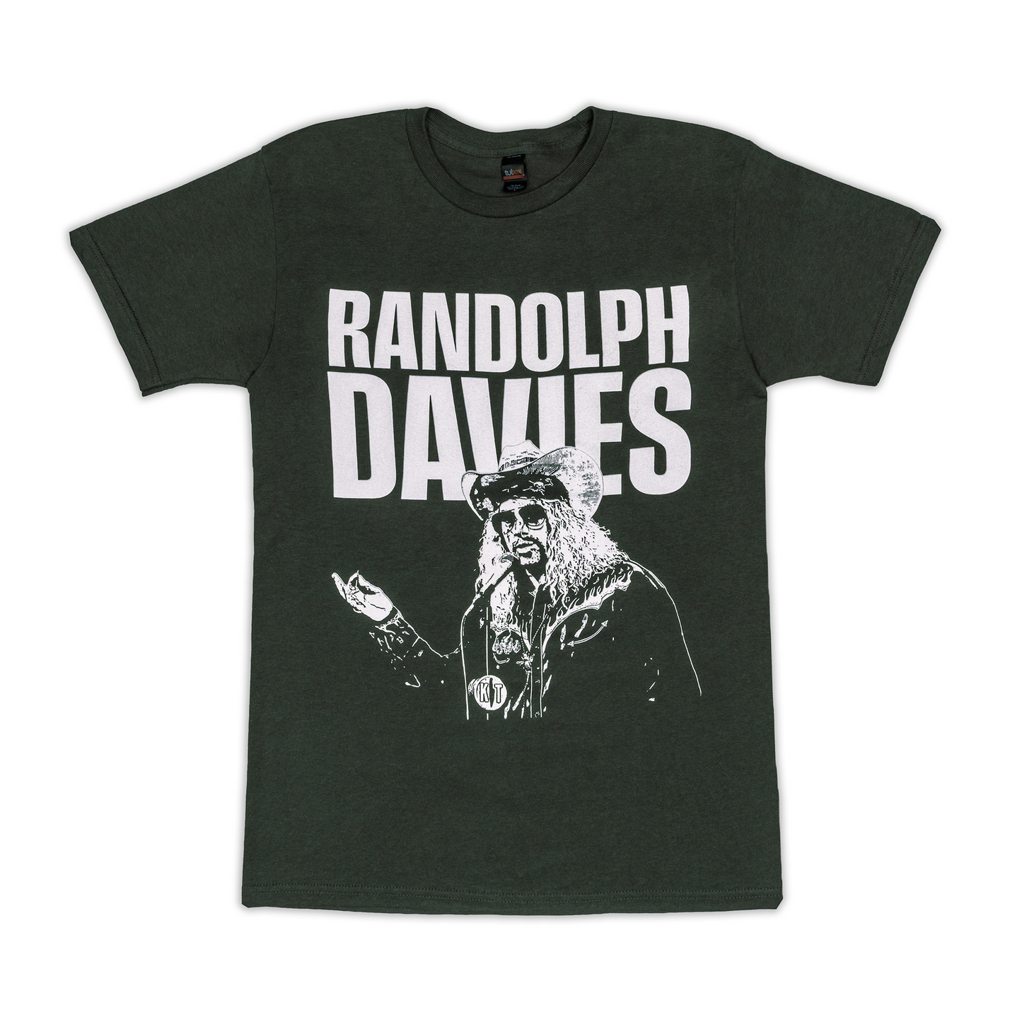 Black t-shirt with white graphic and text on a white background
