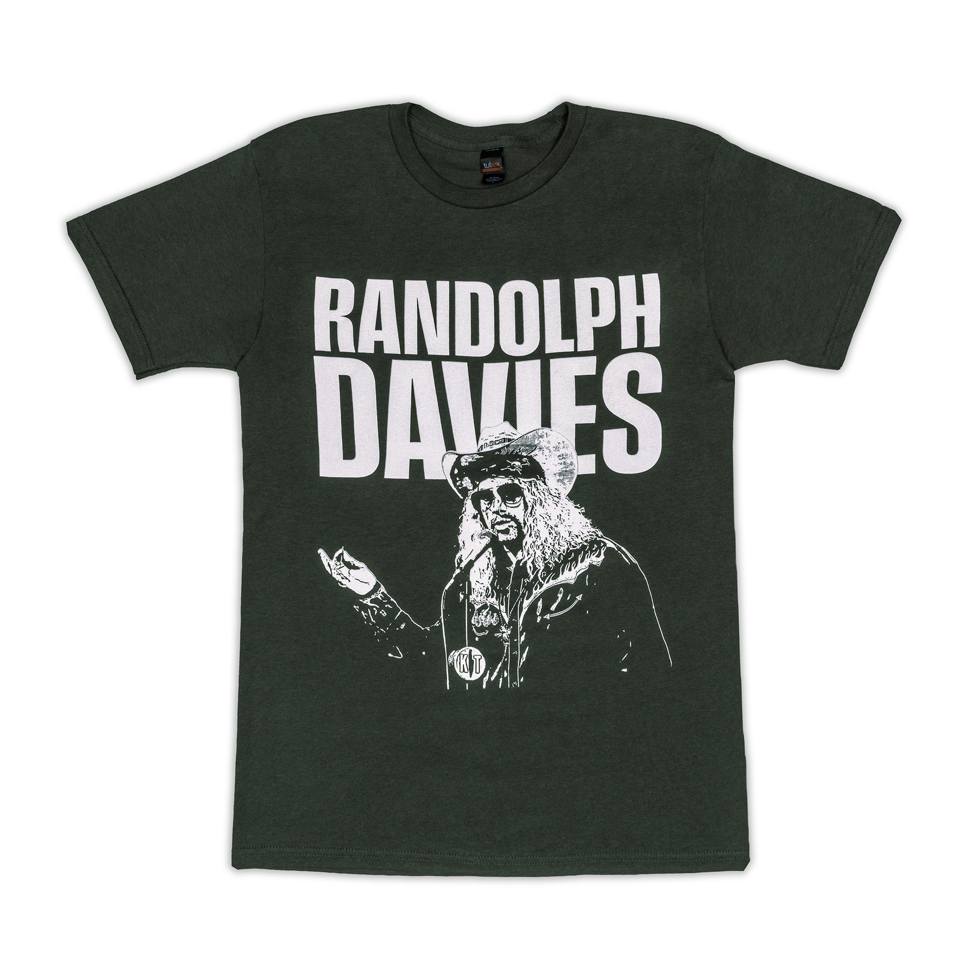 Black t-shirt with white graphic and text on a white background