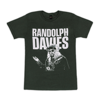 Black t-shirt with white graphic and text on a white background