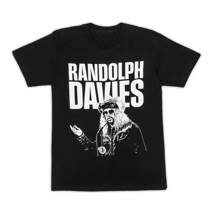 Black t-shirt with a graphic of a person and 'Randolph Davies' text on a white background
