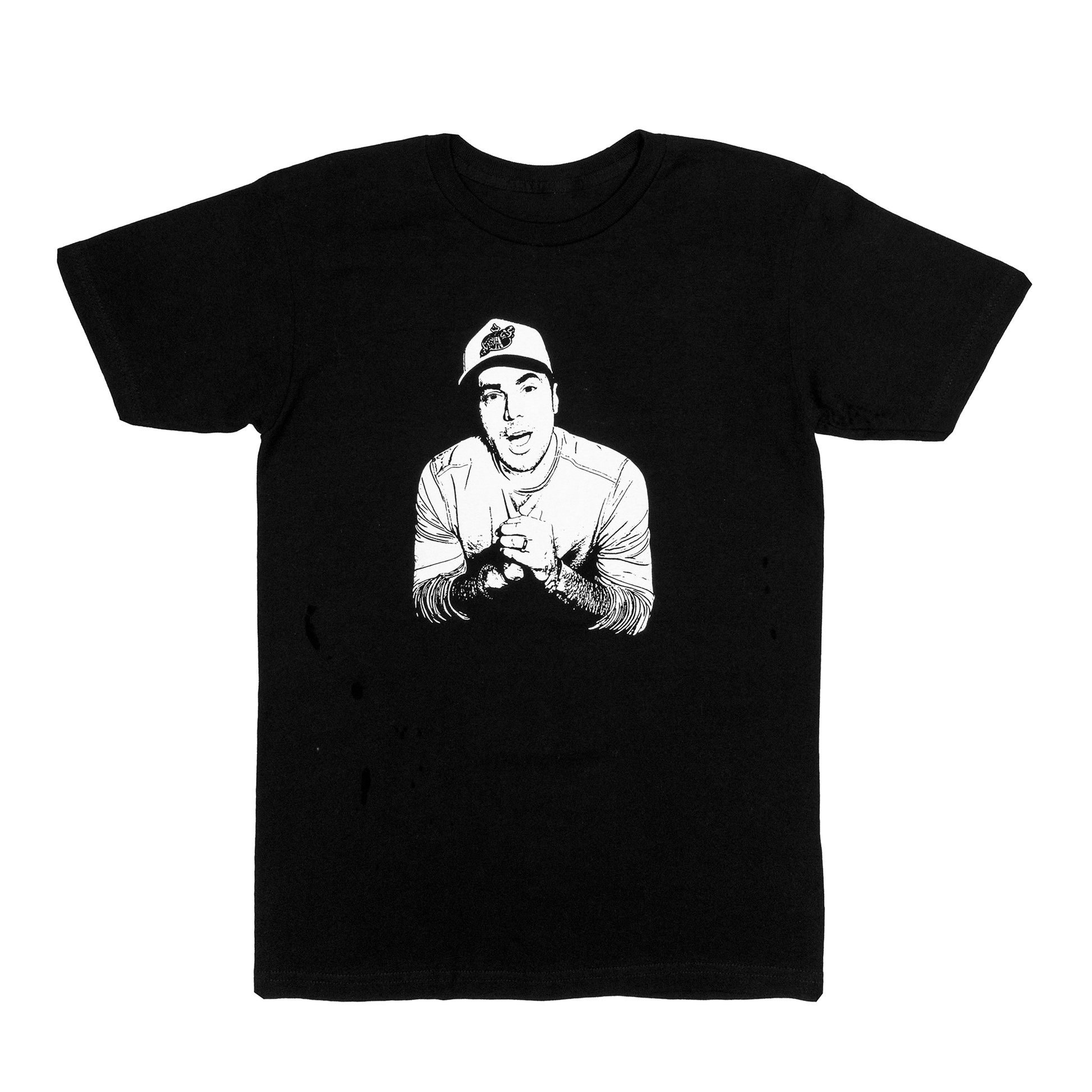 Black t-shirt with a white graphic of a person wearing a cap on a white background