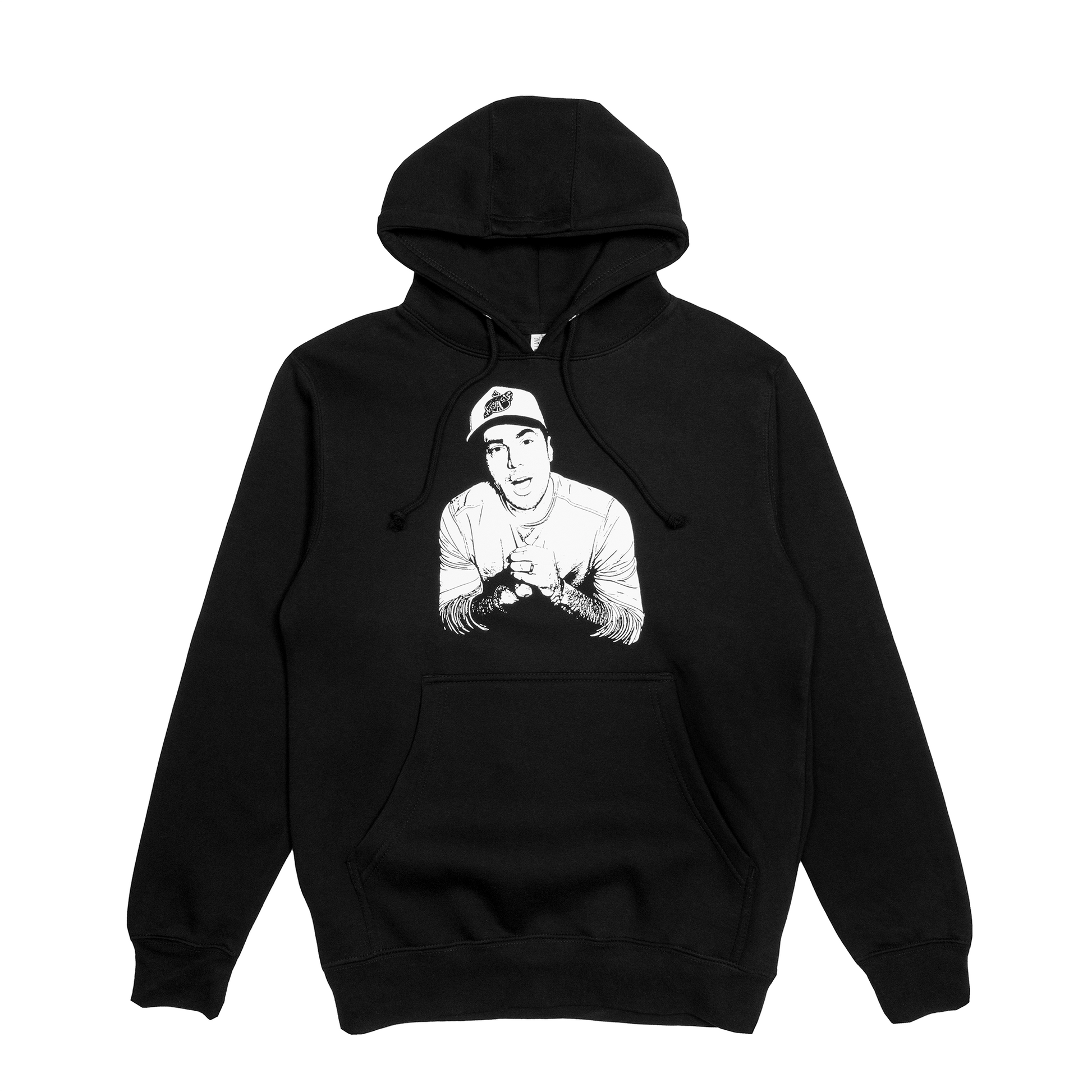 Black hoodie with a graphic of a person holding a camera on a white background